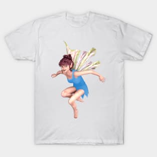 Let's Play elf fairy faerie jumping in blue with butterfly wings T-Shirt